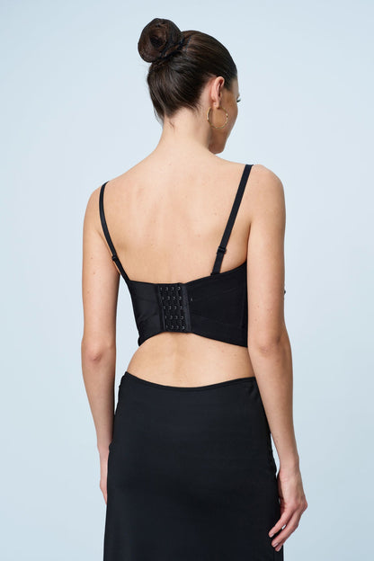 Anjanette Flower Spaghetti Rhinestone Top In Black