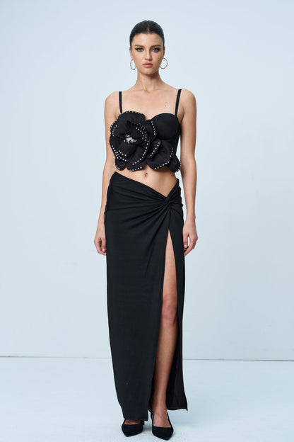 Anjanette Flower Spaghetti Rhinestone Top In Black