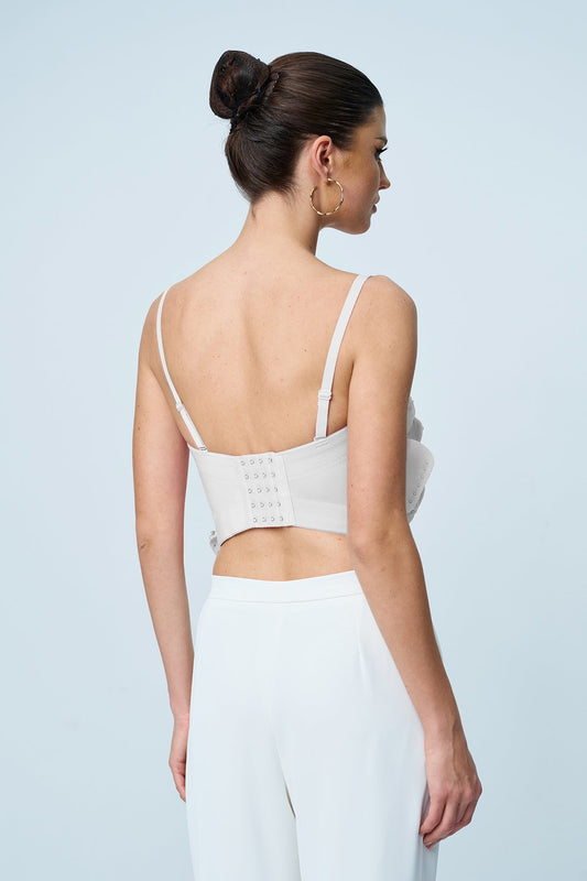 Anjanette Flower Spaghetti Rhinestone Top In White