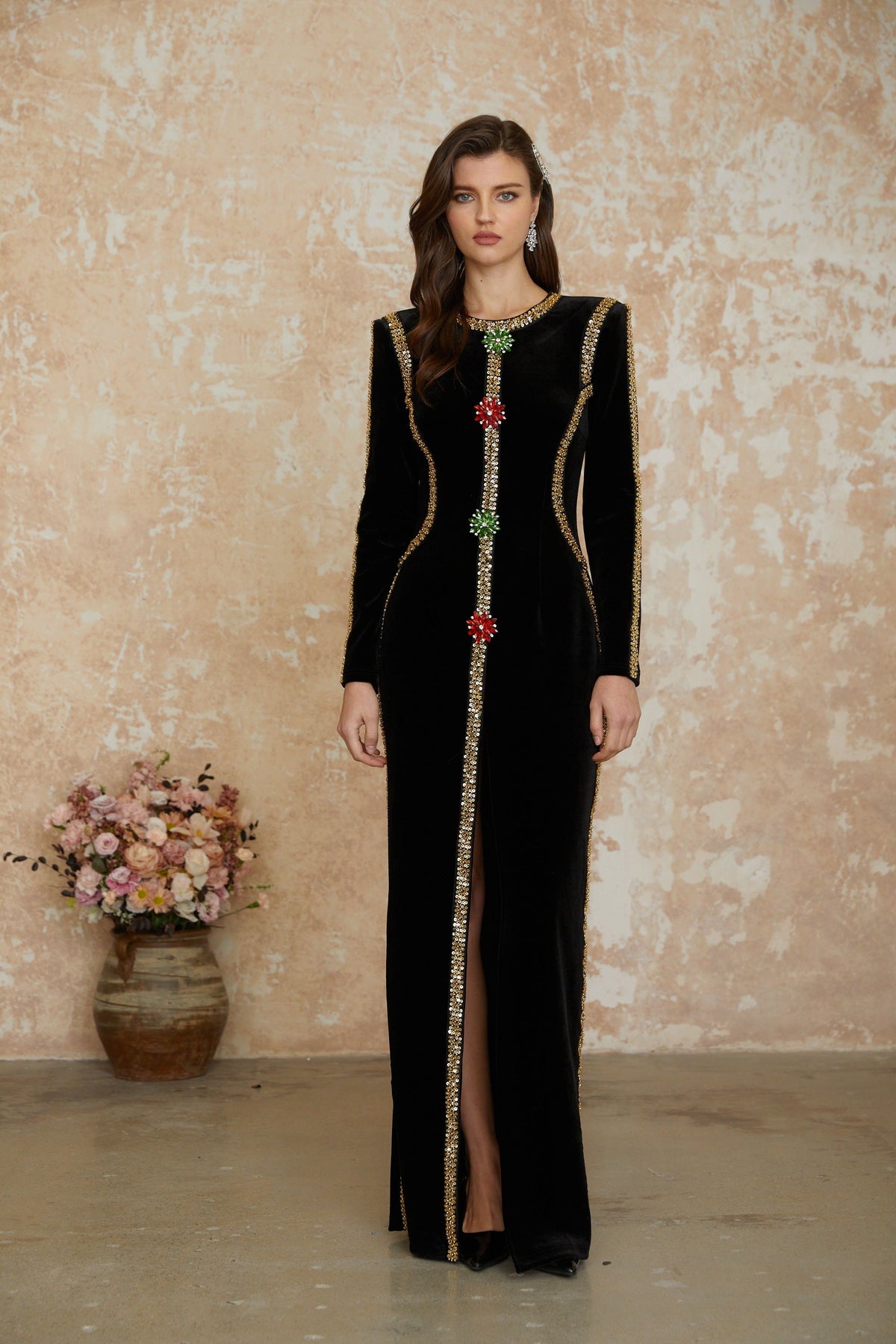 lydia Black Crystal Embellished Front Slit Maxi Dress
