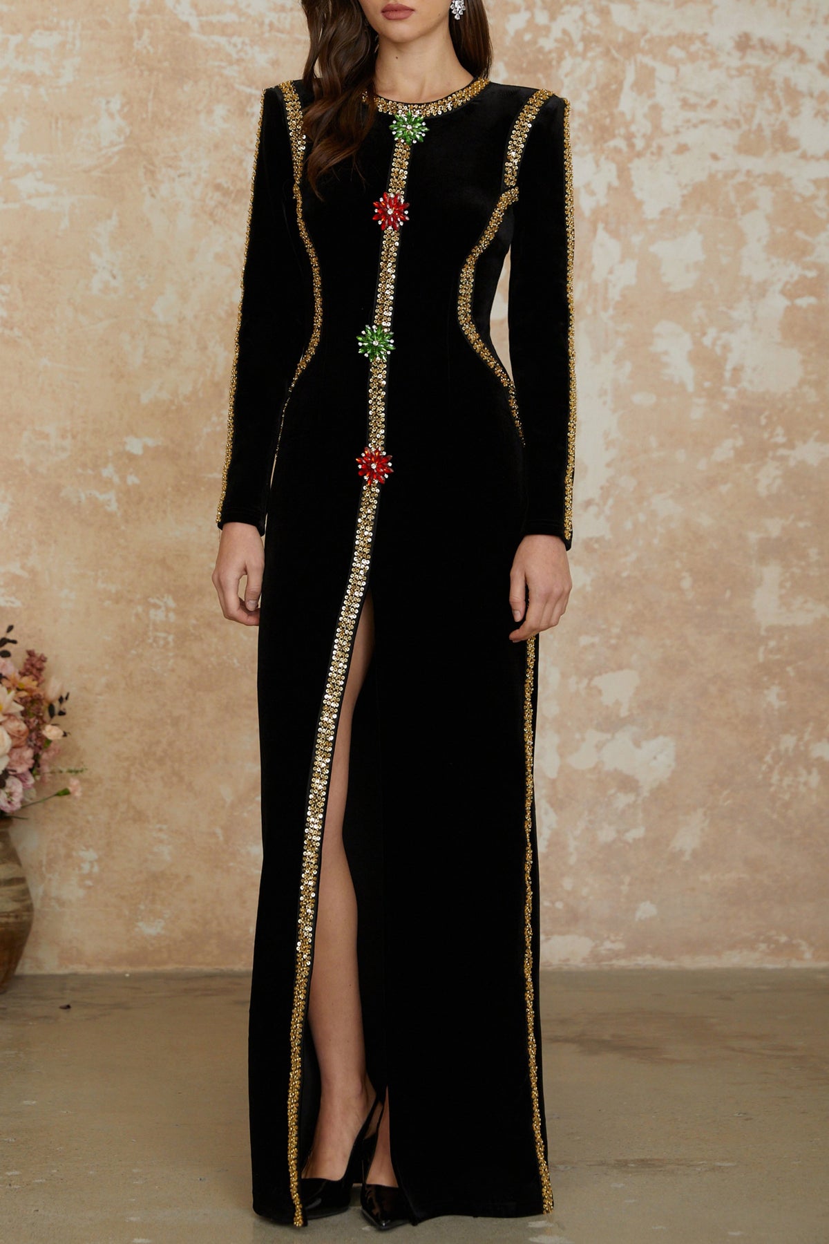 lydia Black Crystal Embellished Front Slit Maxi Dress