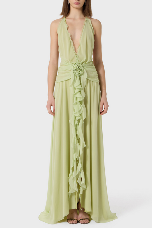 Aonaver Floral Ruffle Halter Maxi Dress - Green