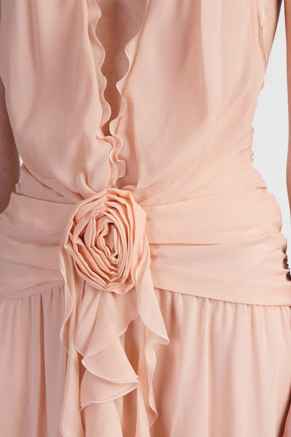 Aonaver Floral Ruffle Halter Maxi Dress - Pink