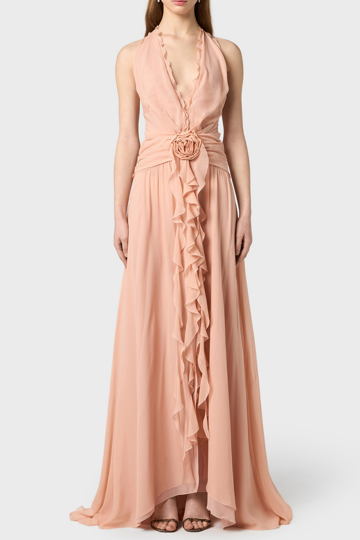 Aonaver Floral Ruffle Halter Maxi Dress - Pink