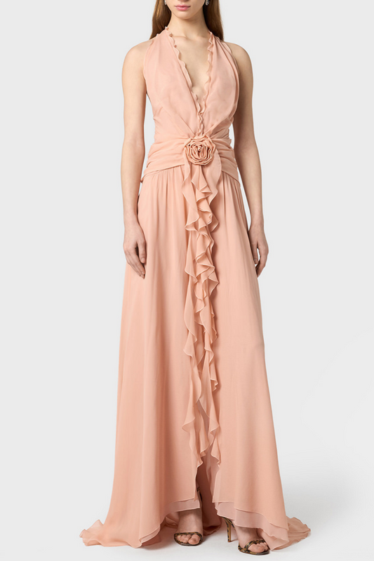 Aonaver Floral Ruffle Halter Maxi Dress - Pink