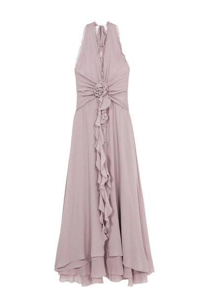 Aonaver Floral Ruffle Halter Maxi Dress - Purple