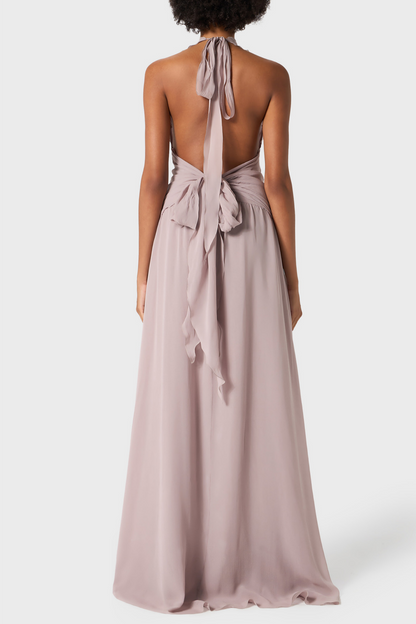 Aonaver Floral Ruffle Halter Maxi Dress - Purple