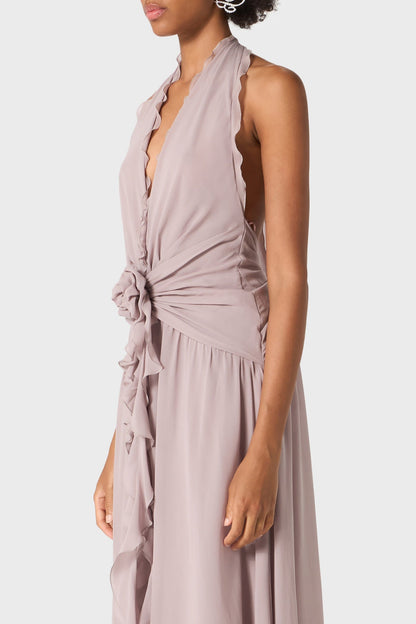 Aonaver Floral Ruffle Halter Maxi Dress - Purple