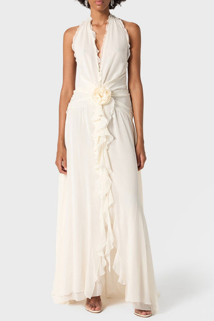 Aonaver Floral Ruffle Halter Maxi Dress - White