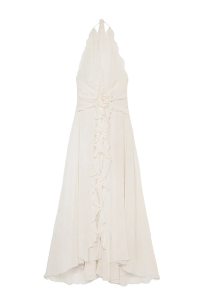 Aonaver Floral Ruffle Halter Maxi Dress - White