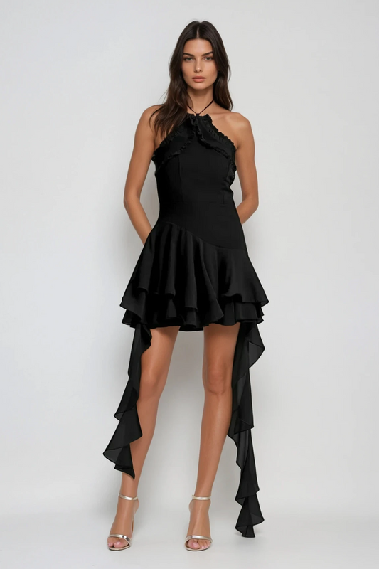 Aracely Halter Neck Mesh Ruffle Fringe Mini Dress In Black