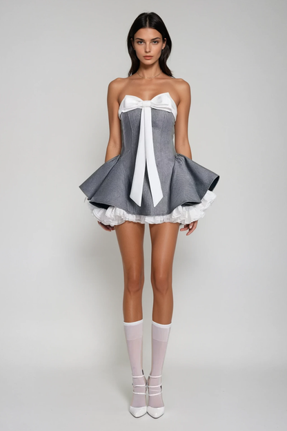 Arafa Bow Lace Ruffle Strapless Mini Dress