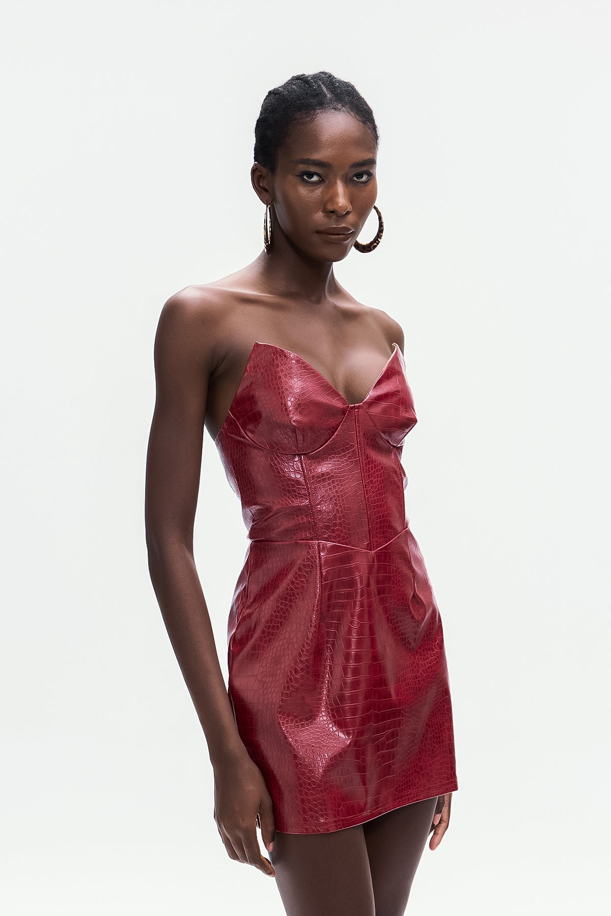 janice Crocodile Pattern Strapless Leather Mini Dress