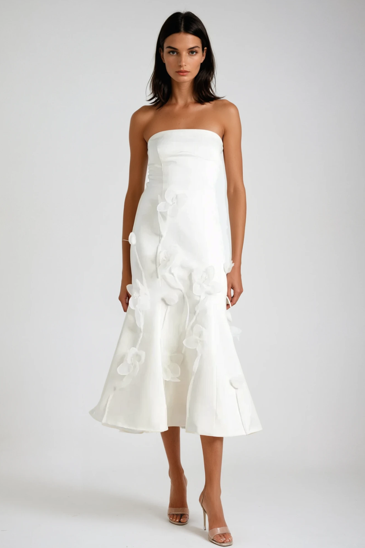 Aren Strapless Flower Ruffle Midi Dress