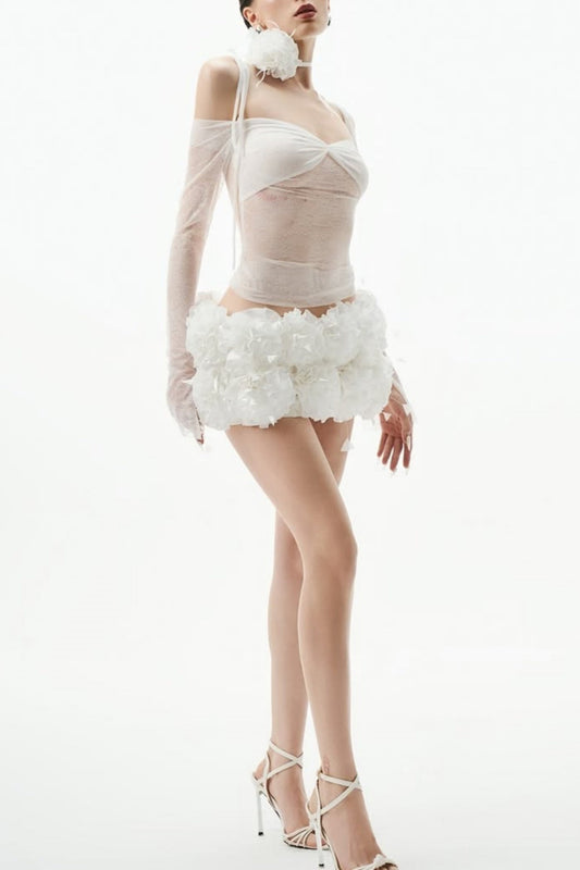 Lace Floral Appliqué Two Piece Set - White