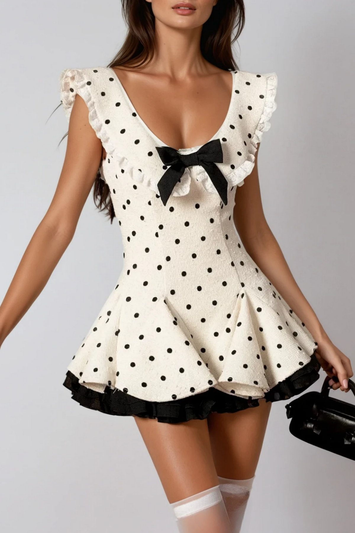 Woman wearing a polka dot dress with a black bow on a gray background