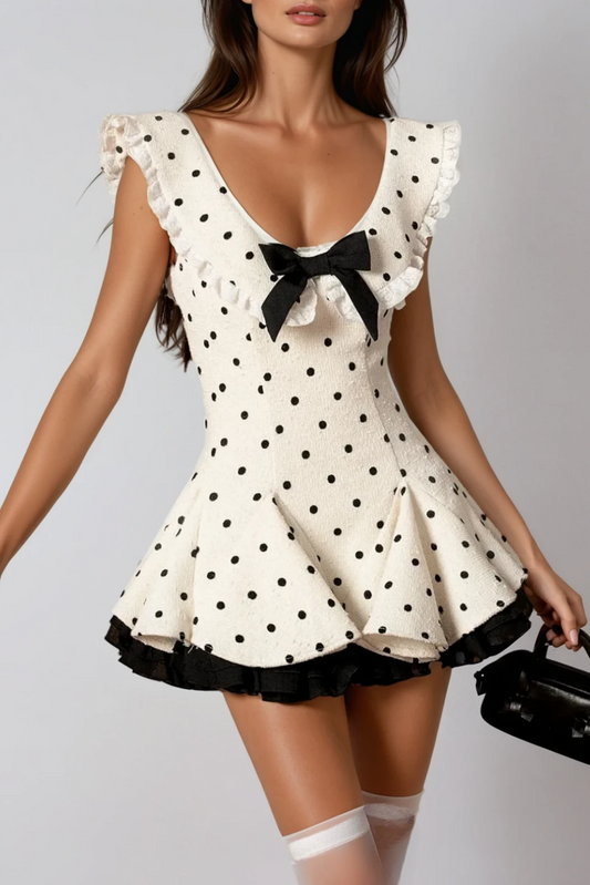 Woman wearing a polka dot dress with a black bow on a gray background