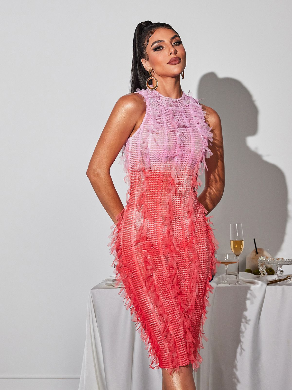 Arlo Ombre Fringe Midi Dress In Pink