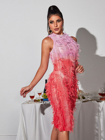 Arlo Ombre Fringe Midi Dress In Pink