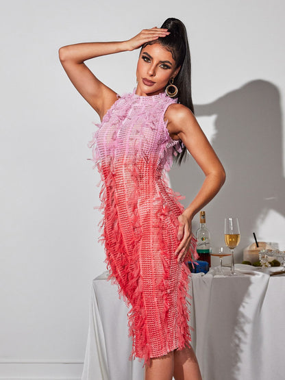 Arlo Ombre Fringe Midi Dress In Pink