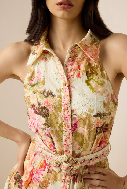 multicolor embroidery print maxi shirt dress