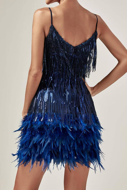 Austyn Tassel Feather Mini Dress In Royal Blue Dresses styleofcb 