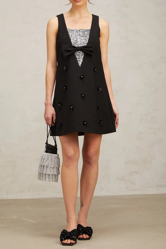 Aviva black 3d-petal sequined mini dress