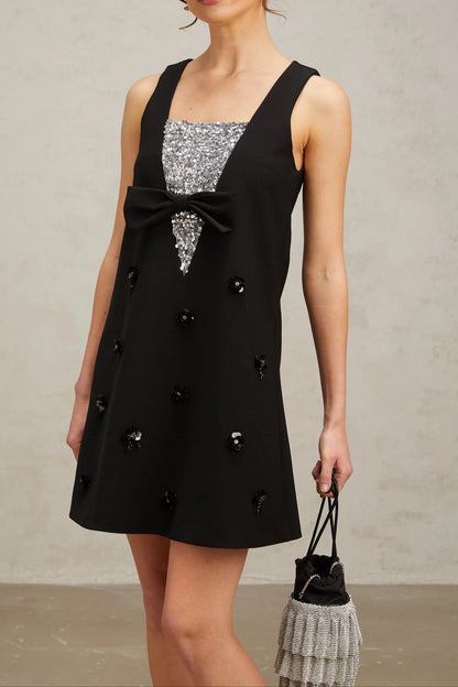 Aviva black 3d-petal sequined mini dress
