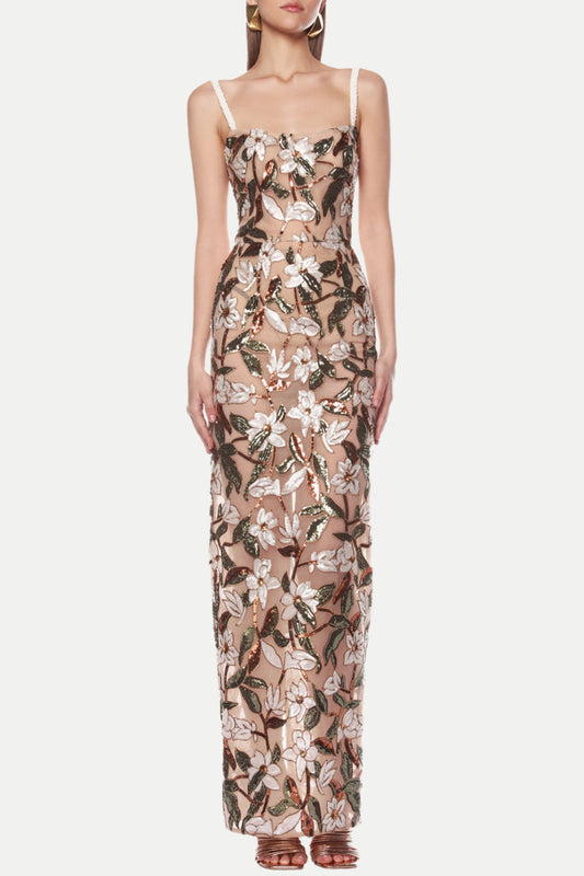 CARSEN STRAPPY FLOWER EMBROIDERY MAXI DRESS