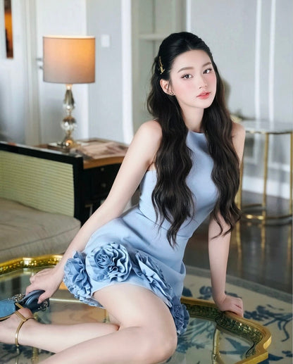 Azure 3D Flower Mini Dress In Blue