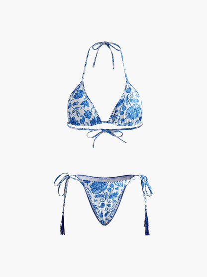 Printed Tasseled Adjustable Strap Bikini Set