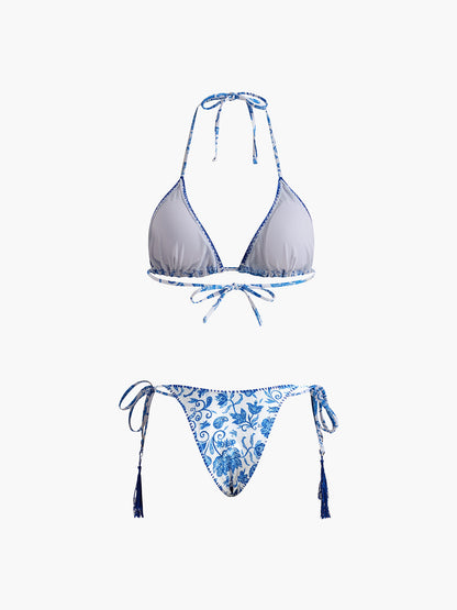 Printed Tasseled Adjustable Strap Bikini Set