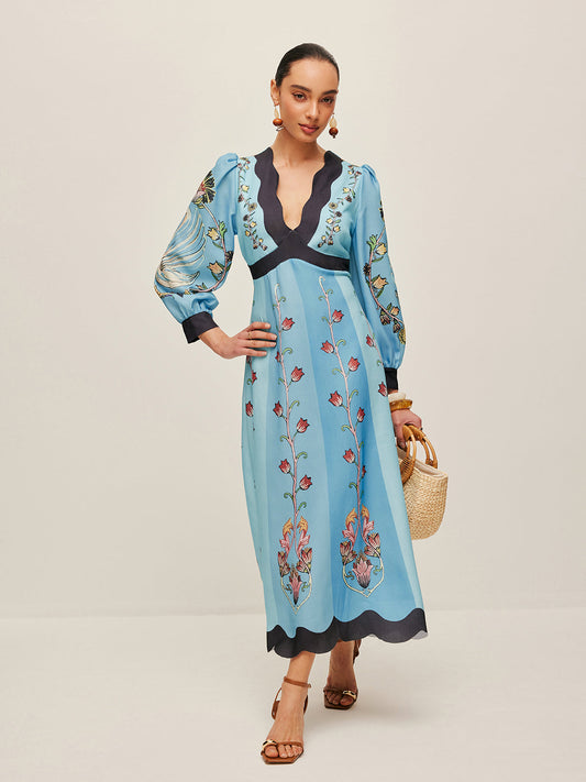 Elegant Backless and Puff Sleeve Floral Dress