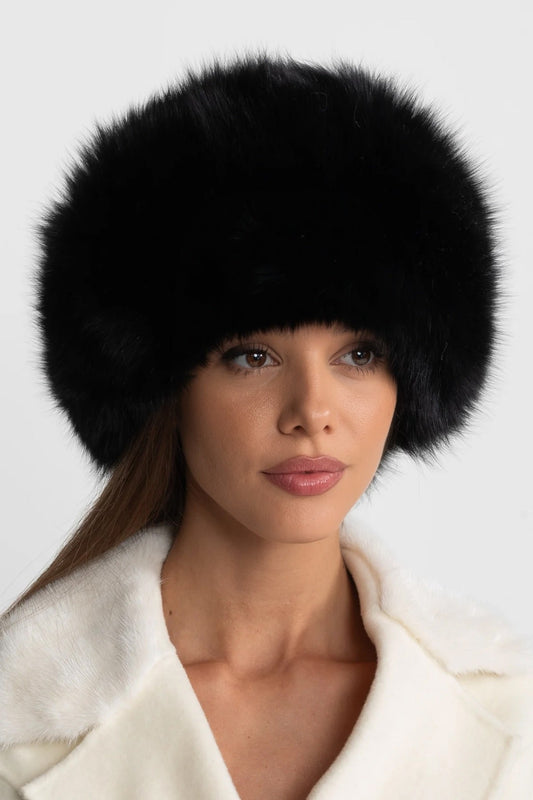 Real Fox Fur Trimmed Hat With Pom-Pom Ties – Black