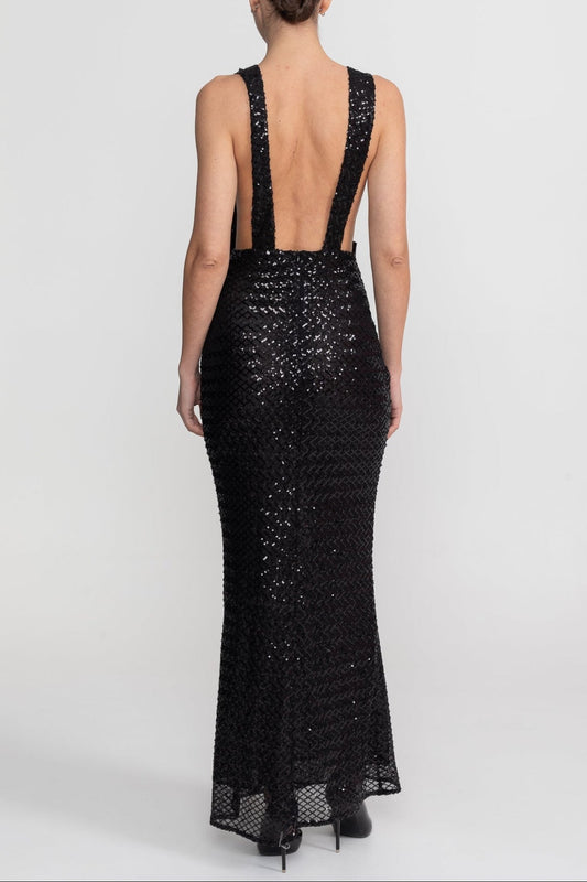 Sequin Maxi Dress With Satin Bow Detail - Black