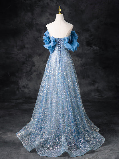 A-Line Off Shoulder Sequin Beads Blue Dress
