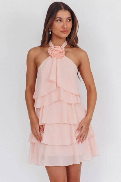 rebecca Halterneck Ruffle Mini Dress in pink