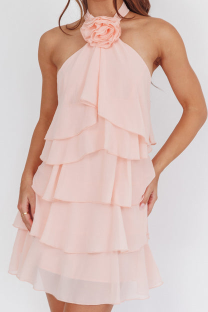 rebecca Halterneck Ruffle Mini Dress in pink