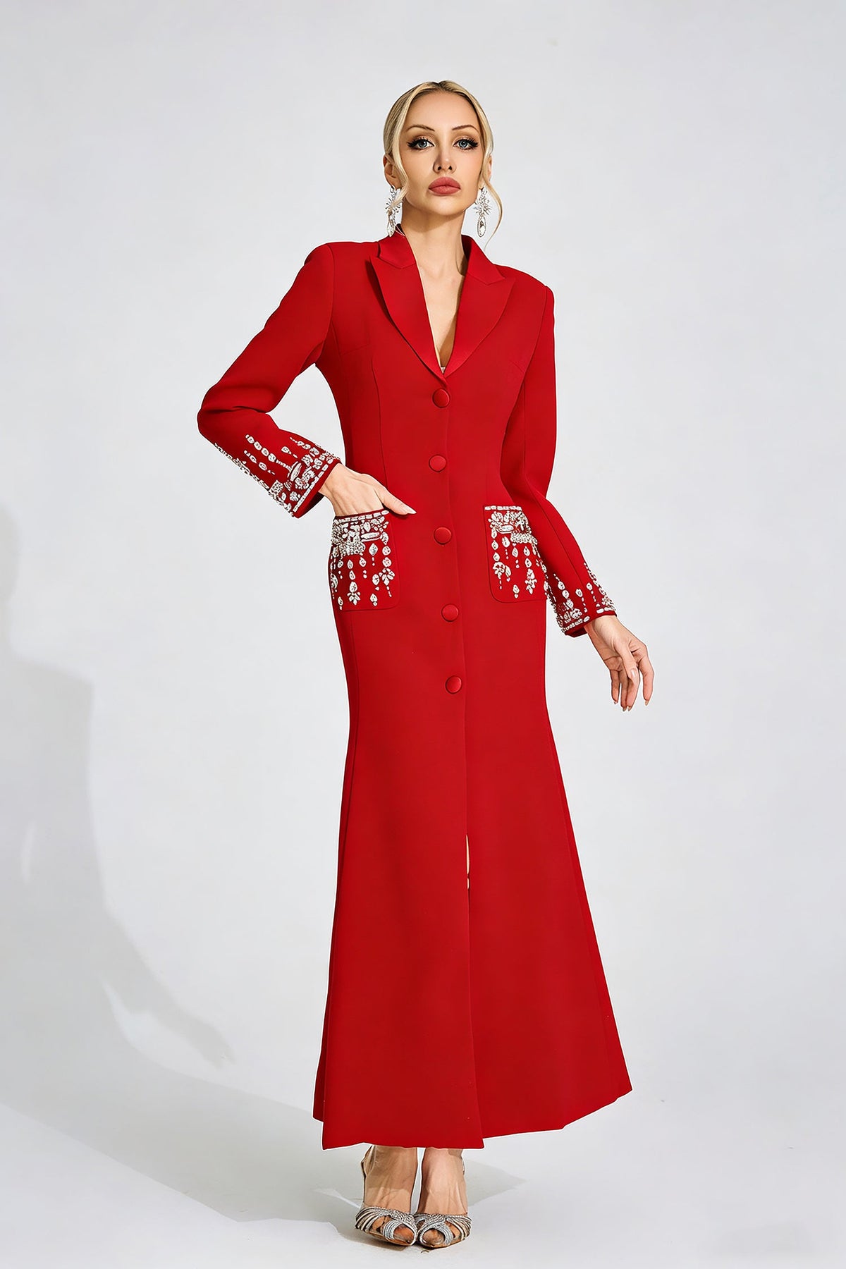 simona Red Diamond embellished Maxi Dress
