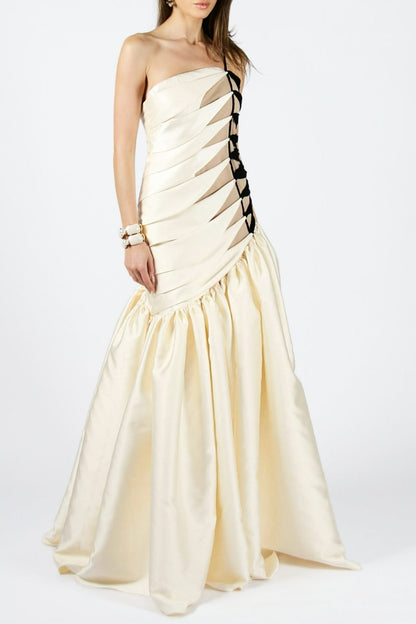 One Shoulder Satin Ruched Maxi Dress