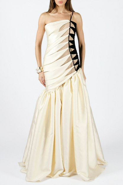 One Shoulder Satin Ruched Maxi Dress