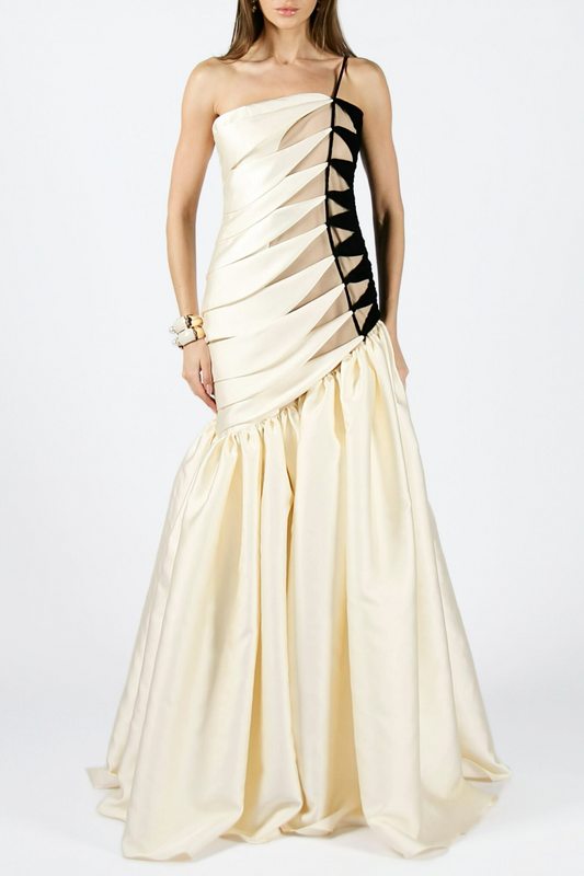 One Shoulder Satin Ruched Maxi Dress