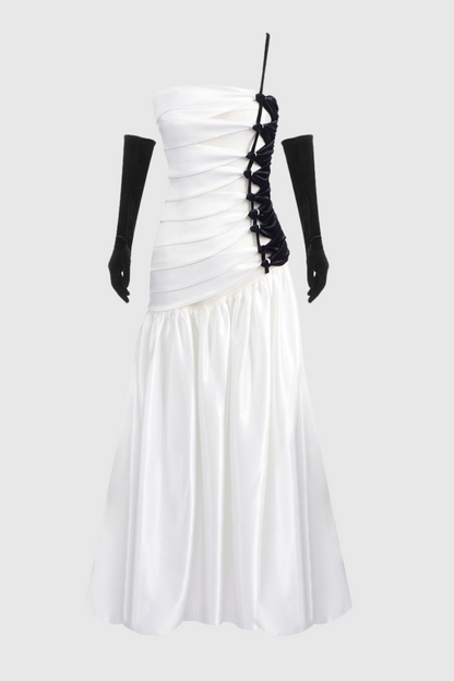 One Shoulder Satin Ruched Maxi Dress
