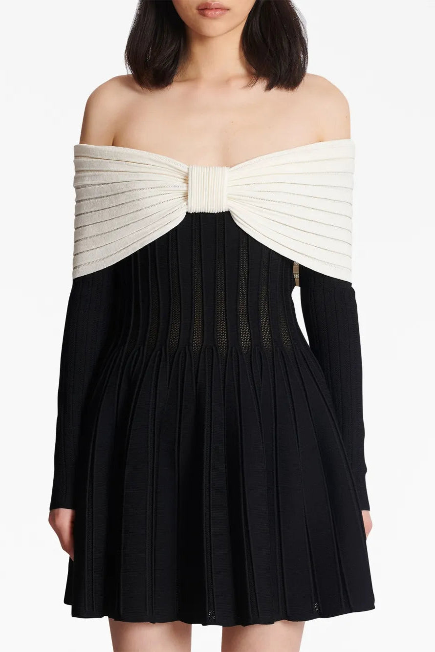 Justine black off-shoulder bow knit mini dress