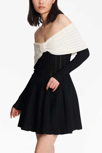 Justine black off-shoulder bow knit mini dress