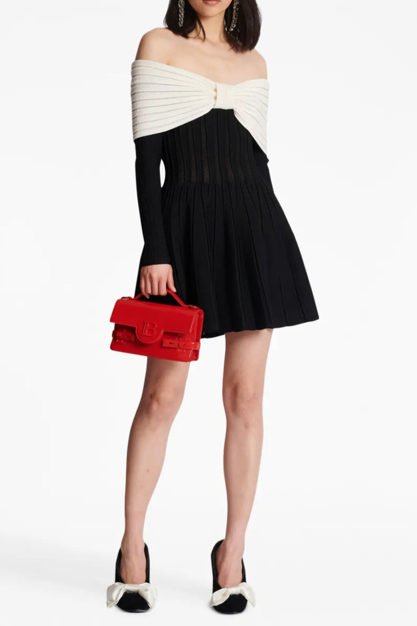 Justine black off-shoulder bow knit mini dress