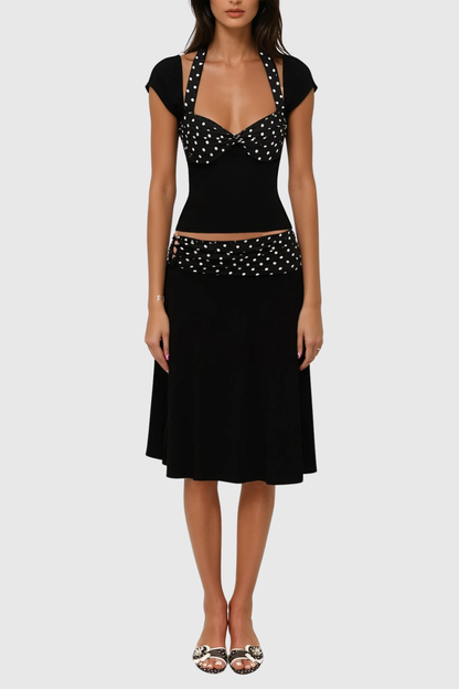 Bastet Dot Halter Neck Ruffle Skirt Set