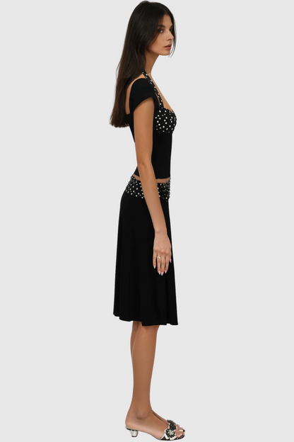Bastet Dot Halter Neck Ruffle Skirt Set