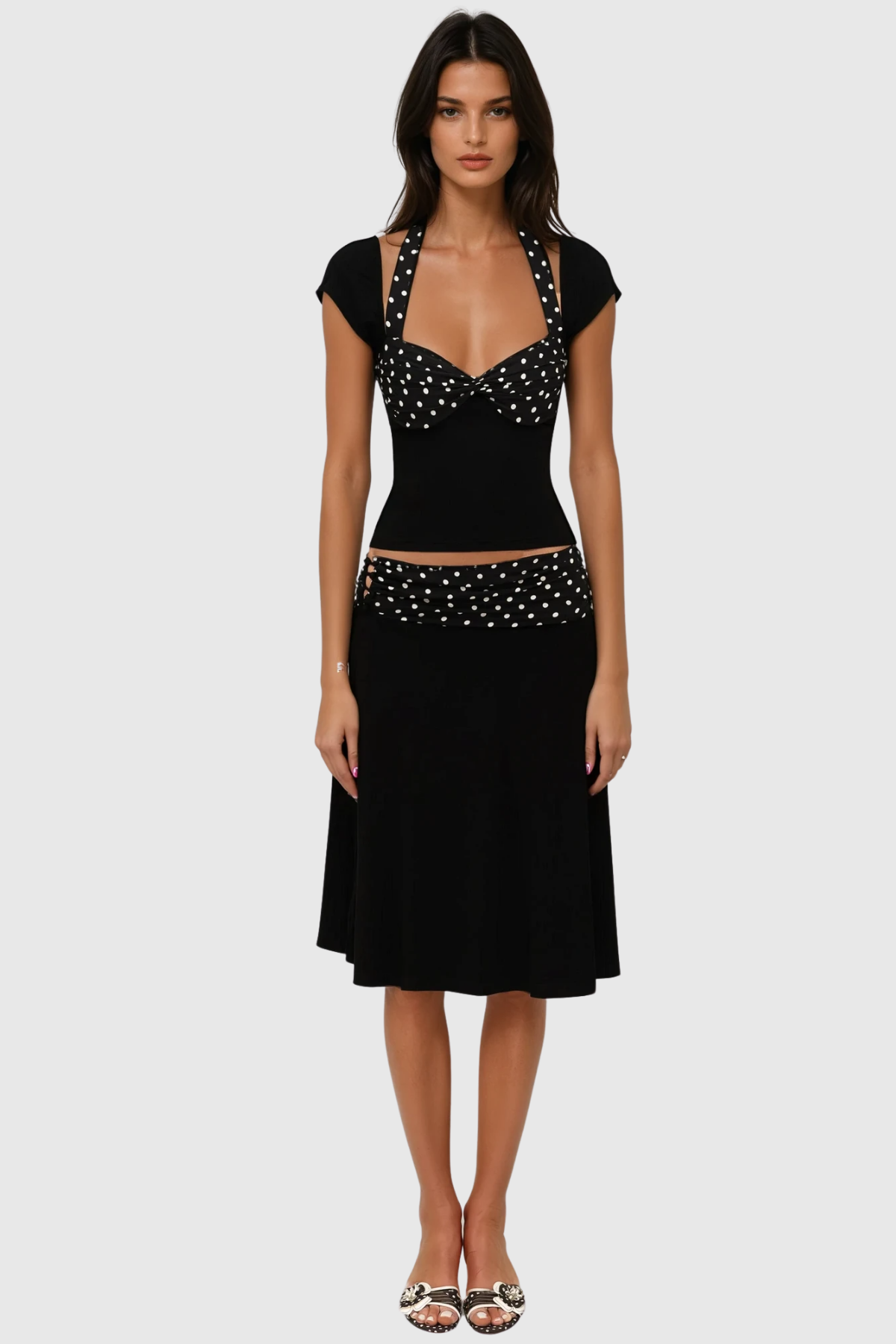 Bastet Dot Halter Neck Ruffle Skirt Set