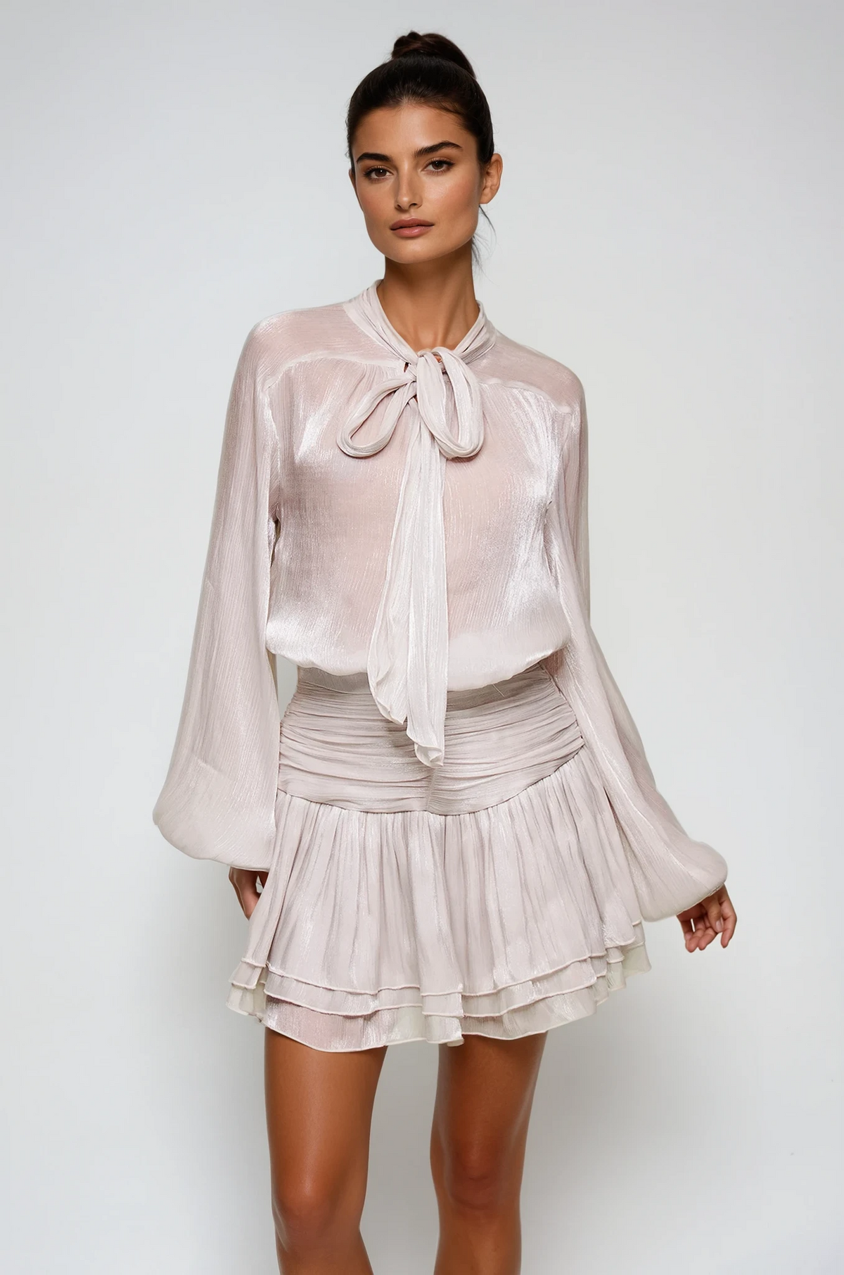 Bayleigh Lace Up Ruch Mesh Skirt Set In Sliver